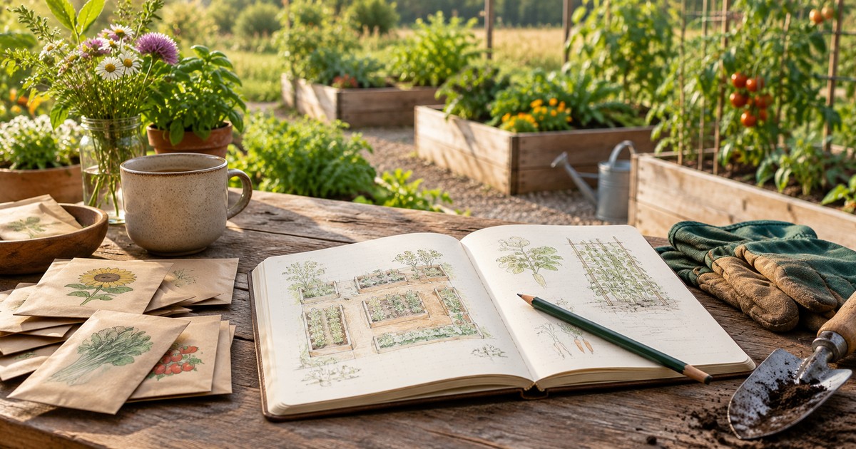 An open garden journal with non-readable sketch of raised bed layout beside seed packets without labels