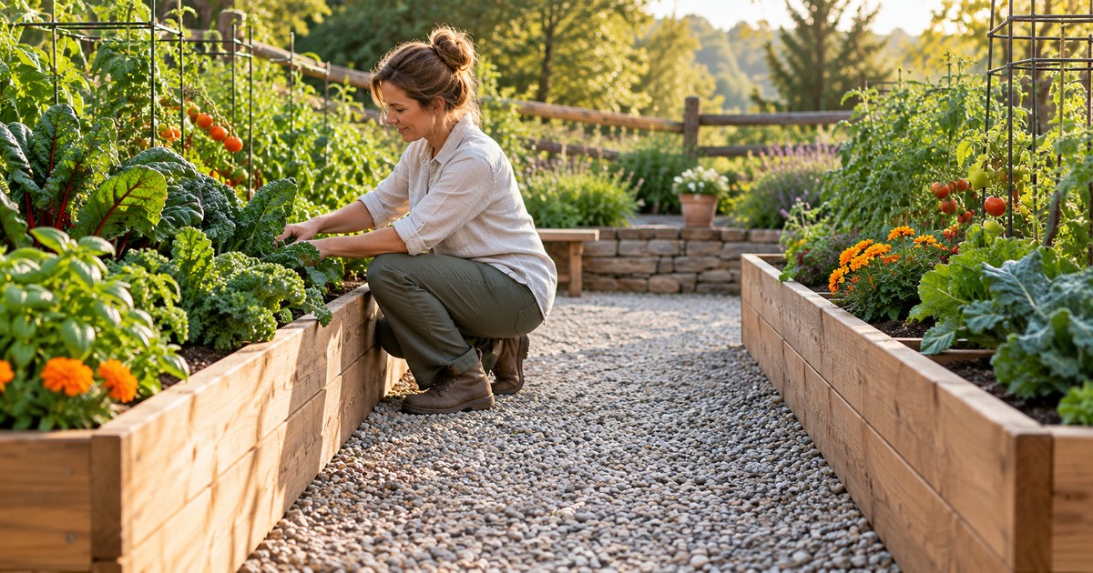 Two productive wooden raised beds separated by a generous neat gravel path