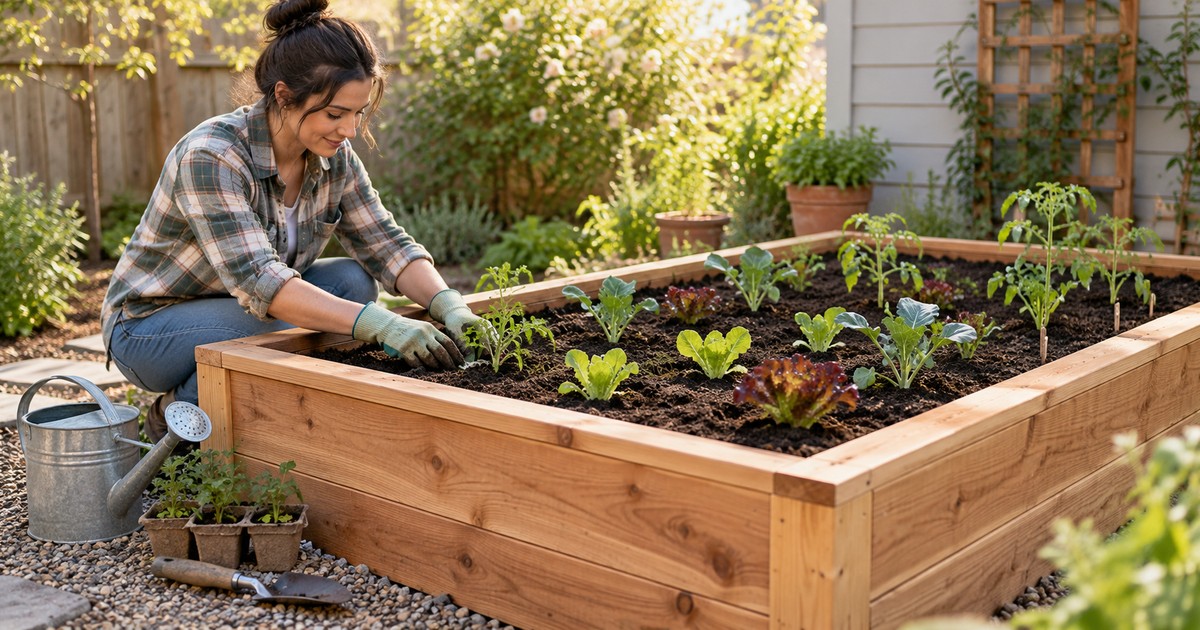 A freshly built single cedar raised bed in a small backyard