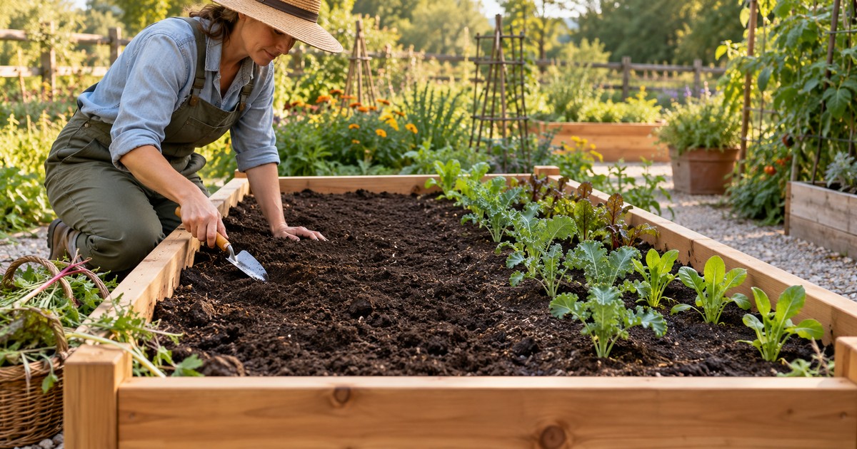 A cedar raised bed between crops